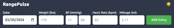 RangePulse data entry bar showing date, weight, blood pressure, heart rate, and mileage fields with Add Entry button